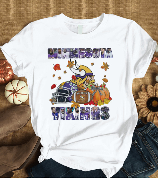 Minnesota Vikings Football Fall Leaves Helmet Pumpkin T-Shirt