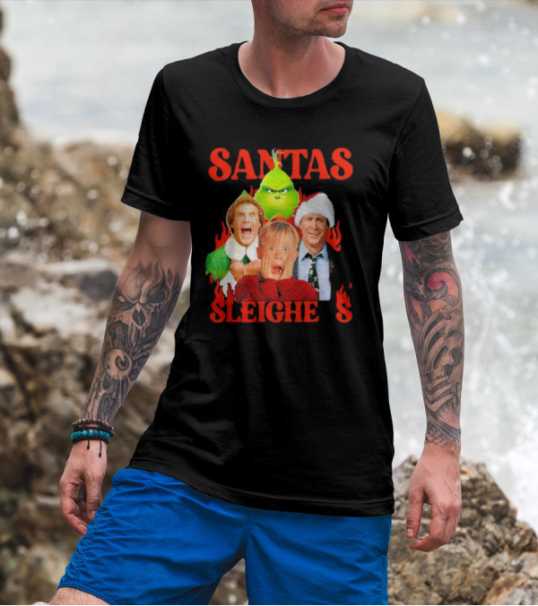 Santas Sleighers Christmas Rock Tour Featuring Iconic Holiday Characters T-Shirt