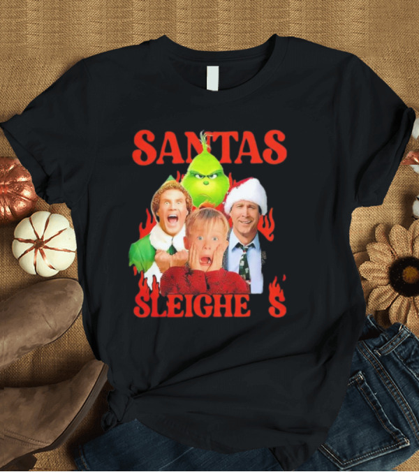 Santas Sleighers Christmas Rock Tour Featuring Iconic Holiday Characters T-Shirt