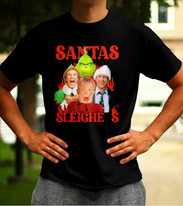 Santas Sleighers Christmas Rock Tour Featuring Iconic Holiday Characters T-Shirt