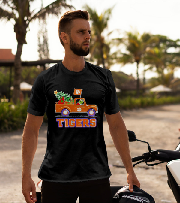 Grinch Driving Orange Christmas Truck With Clemson Tigers Flag And Tree T-Shirt