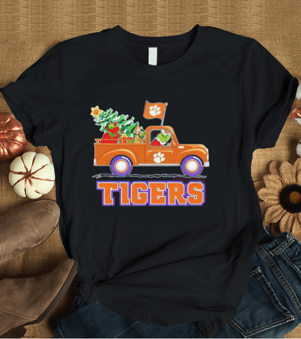 Grinch Driving Orange Christmas Truck With Clemson Tigers Flag And Tree T-Shirt