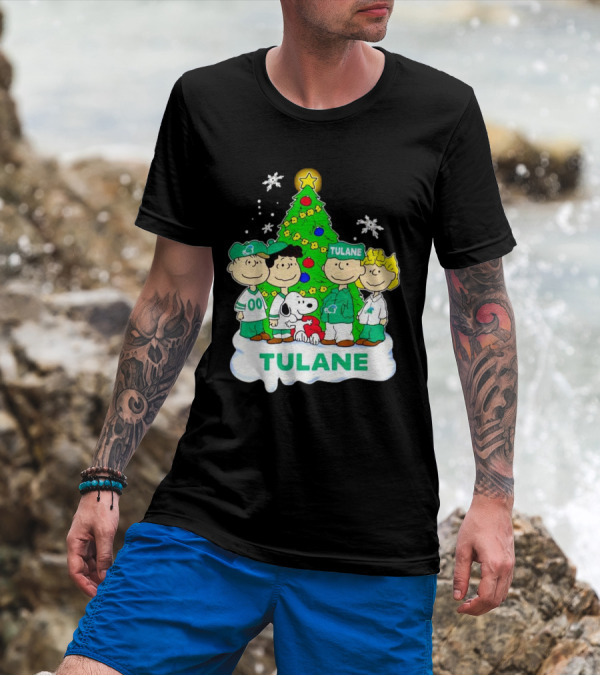Peanuts Characters Tulane Green Wave Christmas Tree Snoopy Snowflakes T-Shirt