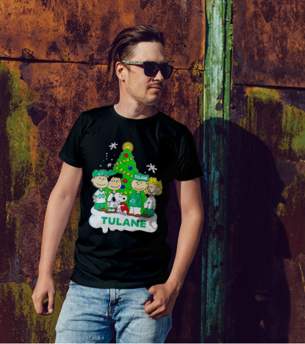 Peanuts Characters Tulane Green Wave Christmas Tree Snoopy Snowflakes T-Shirt