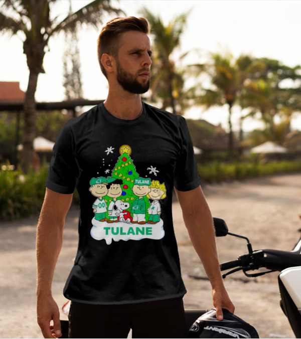 Peanuts Characters Tulane Green Wave Christmas Tree Snoopy Snowflakes T-Shirt