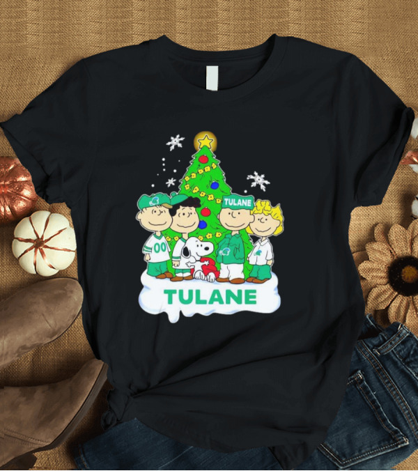 Peanuts Characters Tulane Green Wave Christmas Tree Snoopy Snowflakes T-Shirt