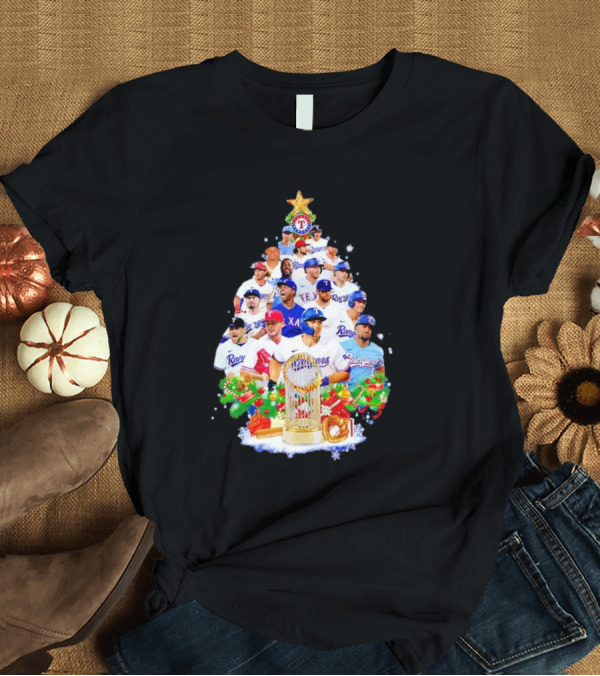Texas Rangers Players Christmas Tree With Trophy And Ornaments T-Shirt