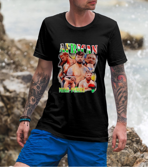 AFRICAN MIKE PERRY Fighter Collage With Black Red Green Map T-Shirt