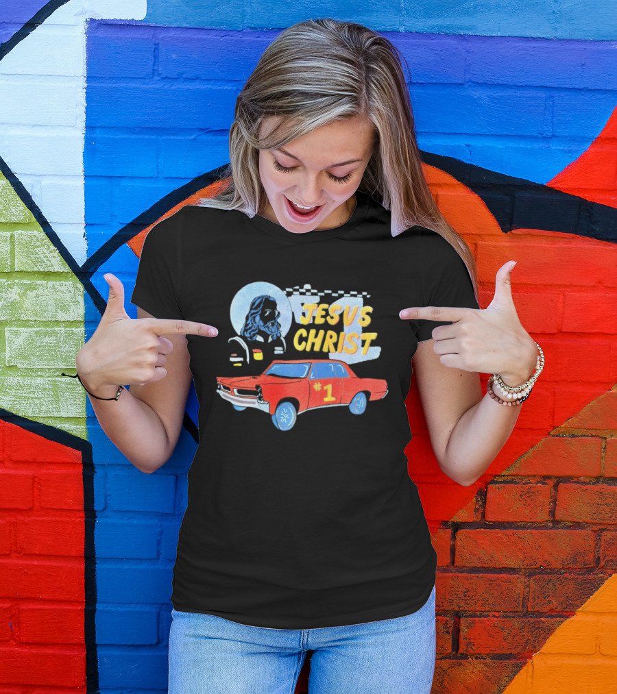 Jesus Christ Racing Champion With Red Car And Checkered Flag T-Shirt