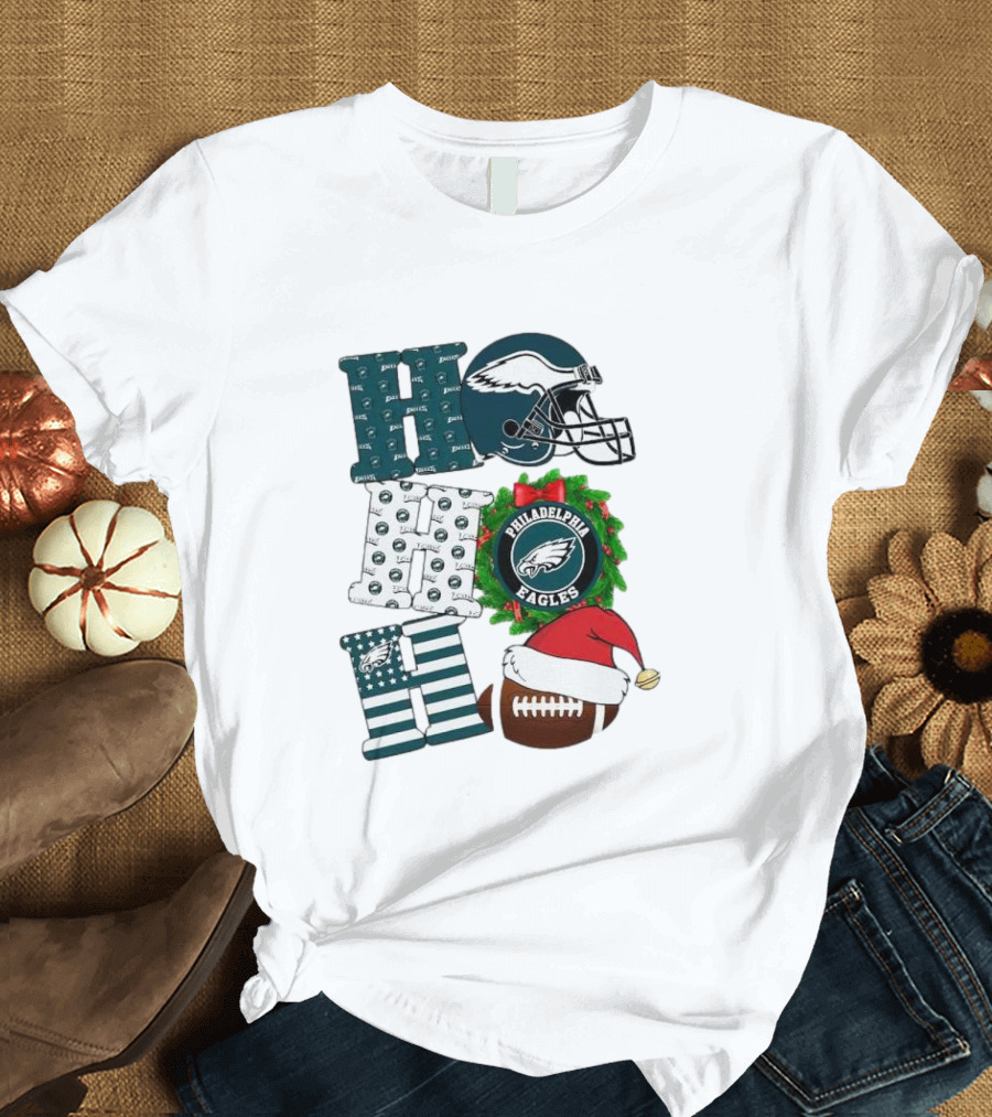 Philadelphia Eagles Ho Ho Ho Merry Christmas Football Helmet Wreath Santa Hat T-Shirt