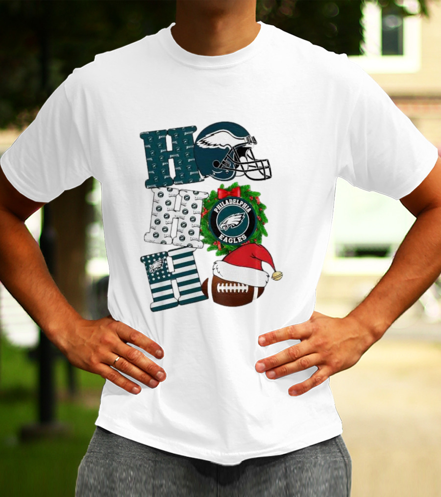Philadelphia Eagles Ho Ho Ho Merry Christmas Football Helmet Wreath Santa Hat T-Shirt