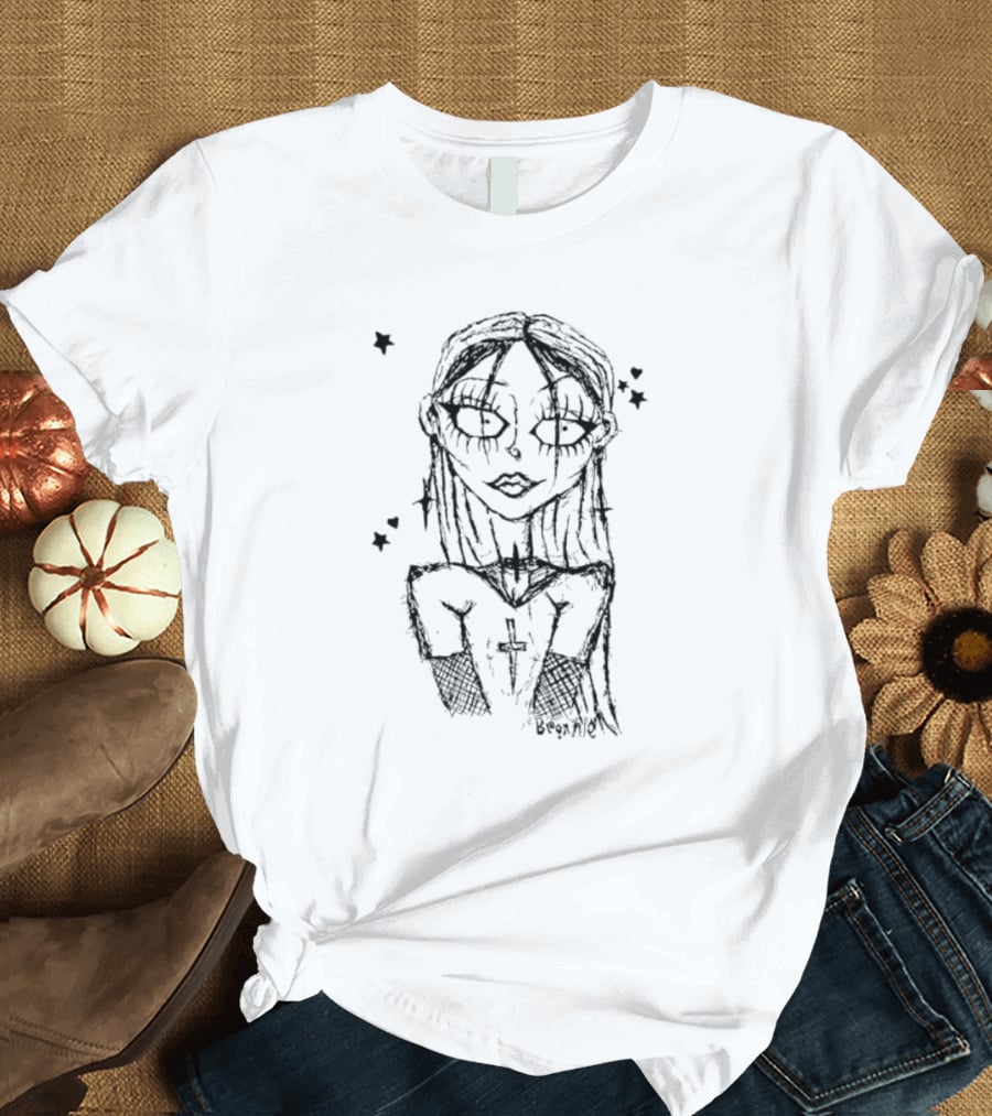 Cream Sketch Bronnie Gothic Character With Cross And Stars T-Shirt