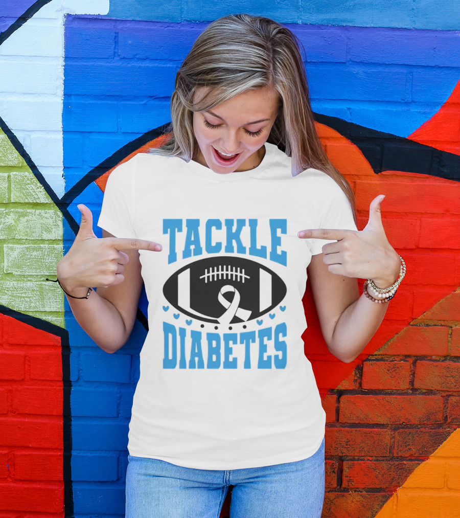 Tackle Diabetes Awareness Football Design With Blue Ribbon And Hearts T-Shirt
