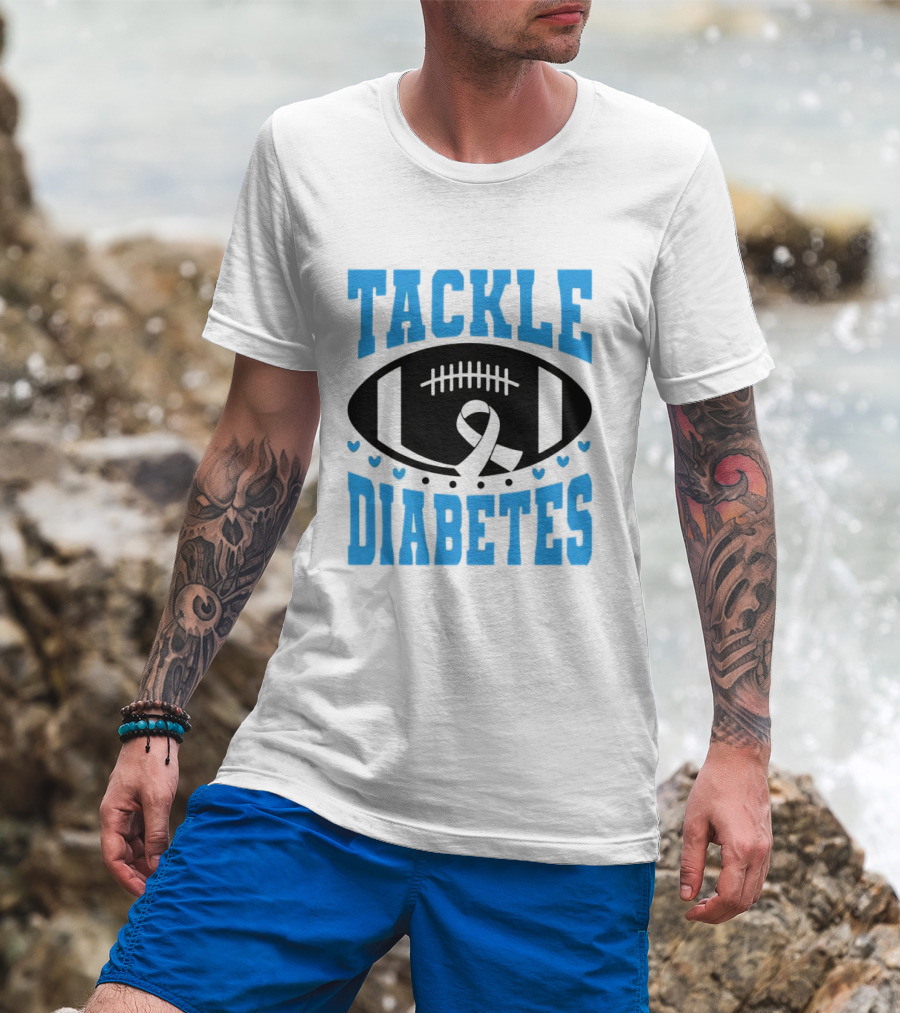 Tackle Diabetes Awareness Football Design With Blue Ribbon And Hearts T-Shirt