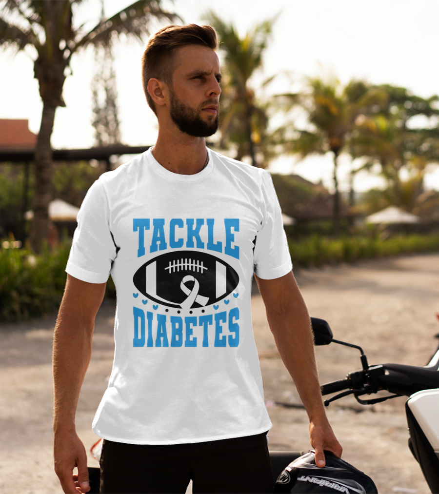 Tackle Diabetes Awareness Football Design With Blue Ribbon And Hearts T-Shirt