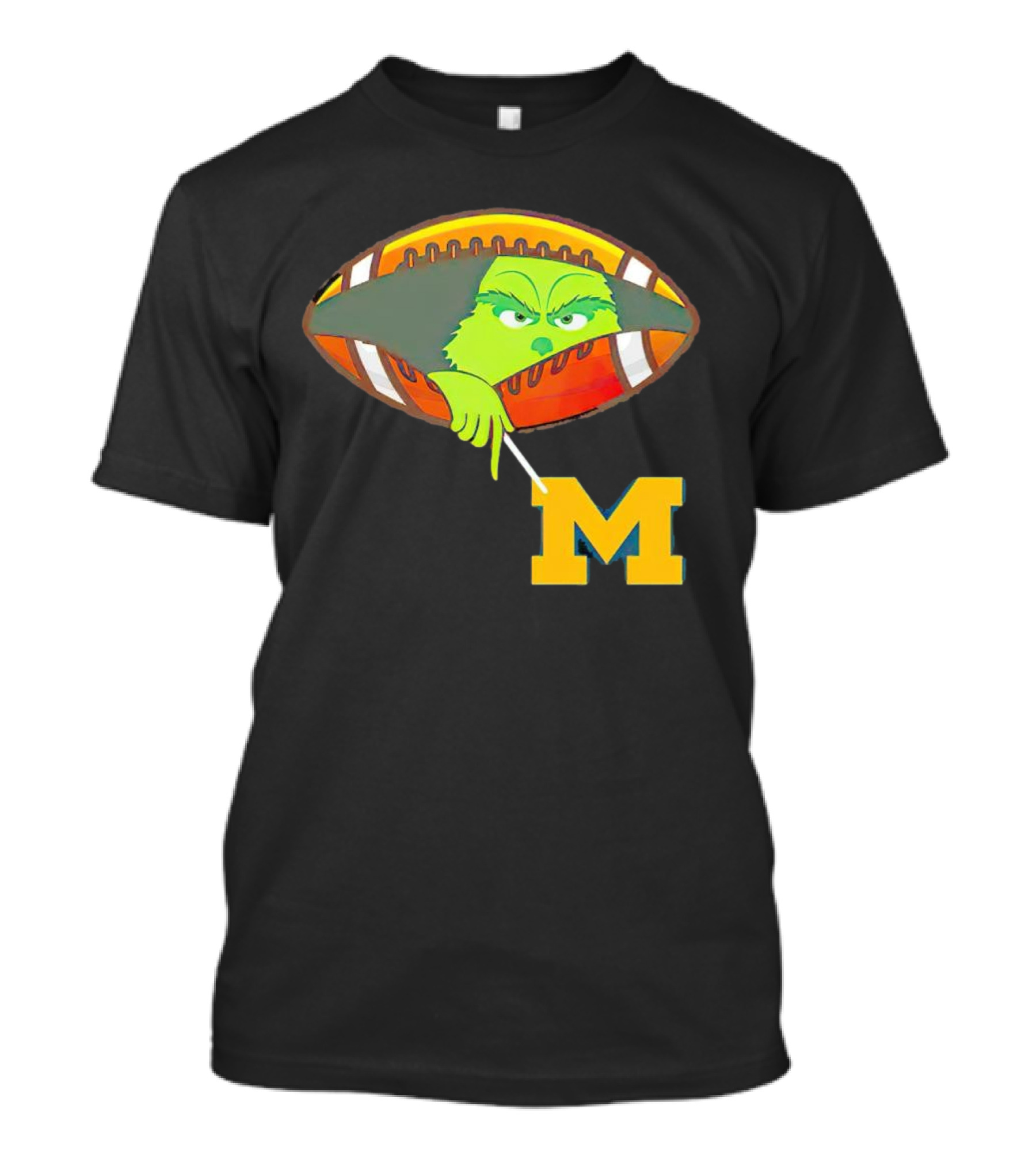 Grinch Peeking From Football Over Michigan Wolverines T-Shirt
