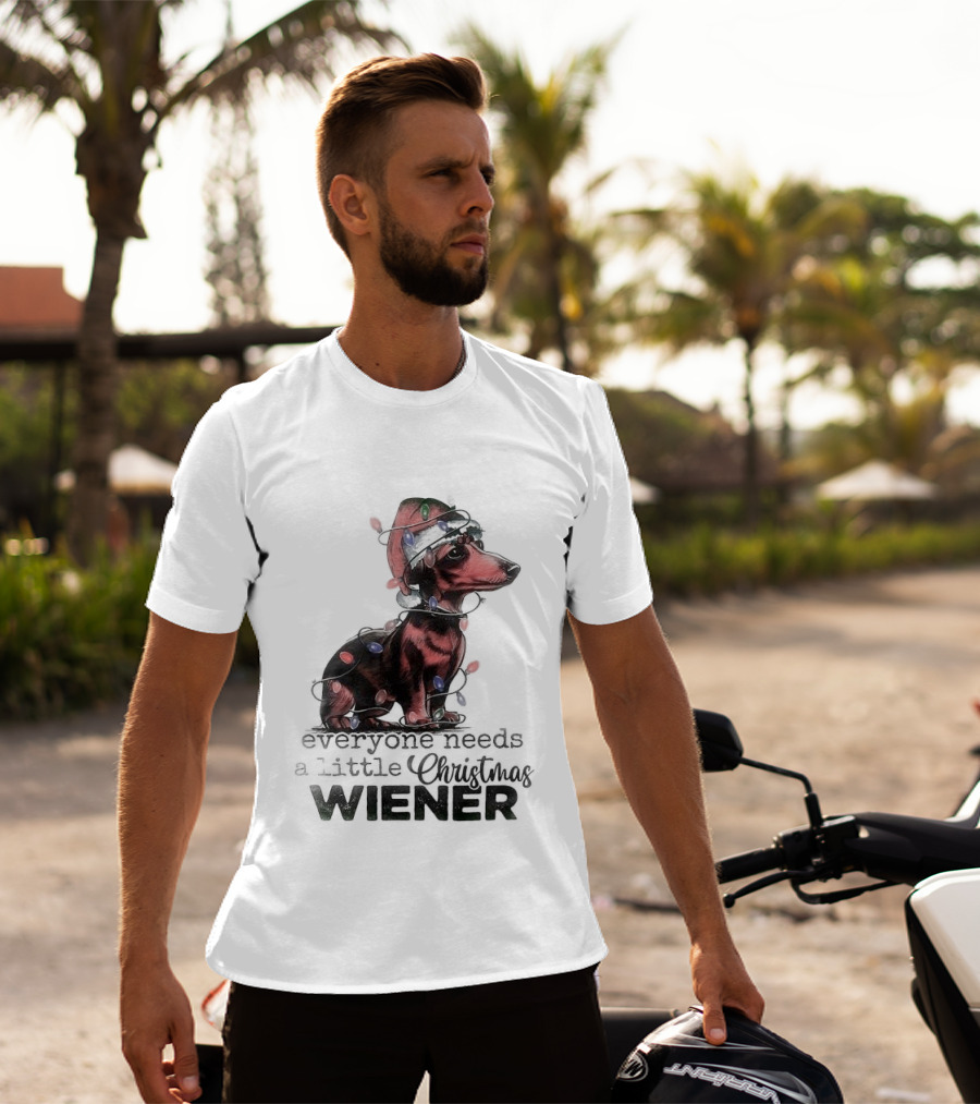 Everyone Needs A Little Christmas Wiener Dachshund With Lights And Santa Hat T-Shirt
