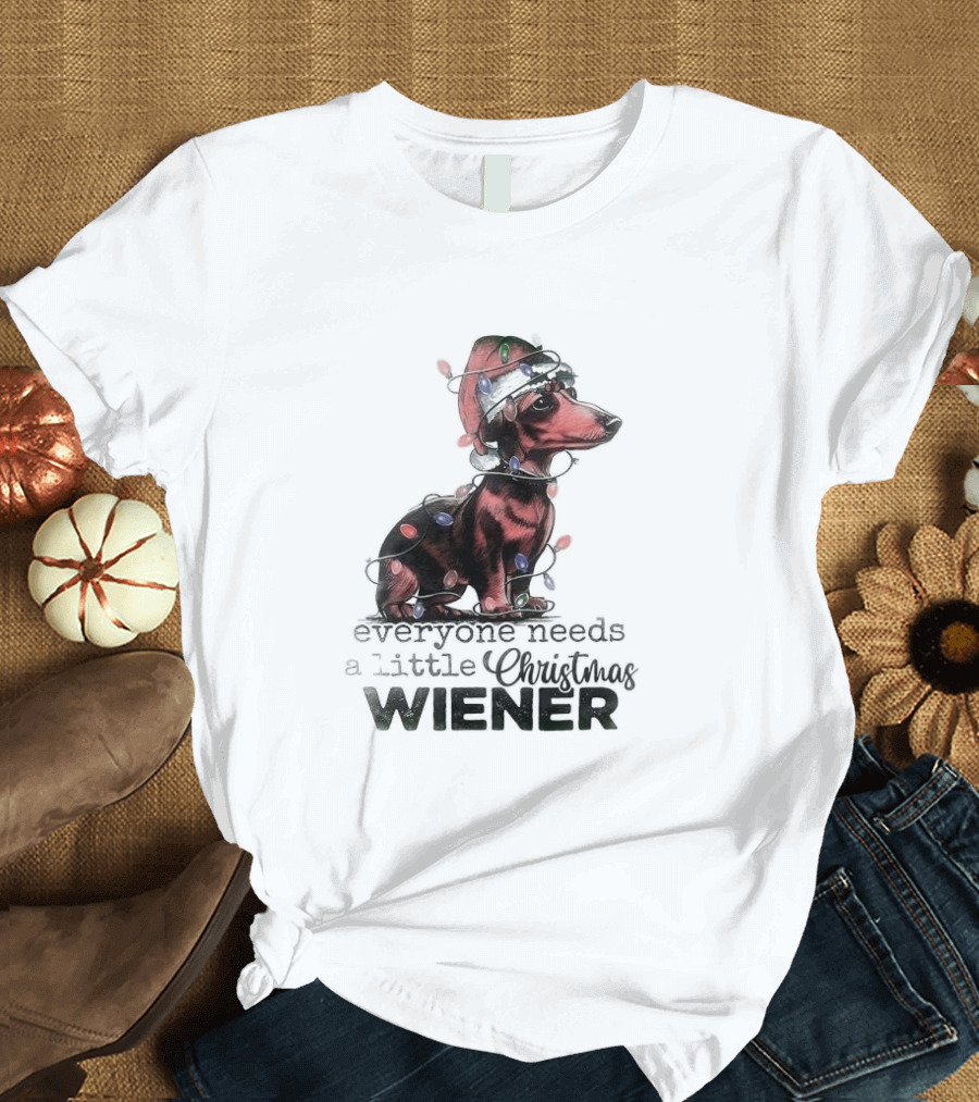 Everyone Needs A Little Christmas Wiener Dachshund With Lights And Santa Hat T-Shirt