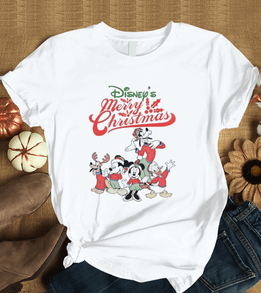 Disney’s Merry Christmas Mickey Minnie Goofy Pluto Festive Holiday T-Shirt