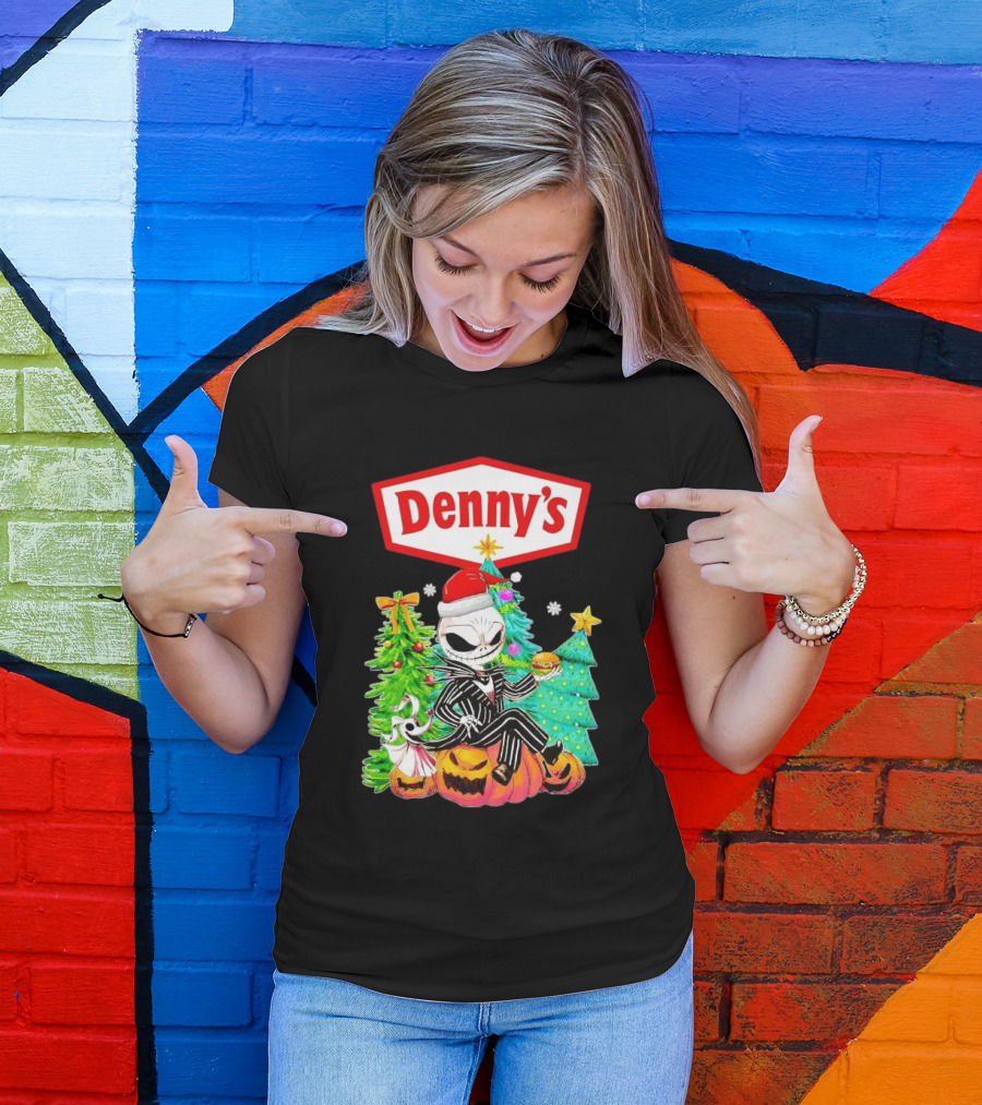 Denny’s Jack Skellington Santa Sitting On Pumpkins With Christmas Trees T-Shirt