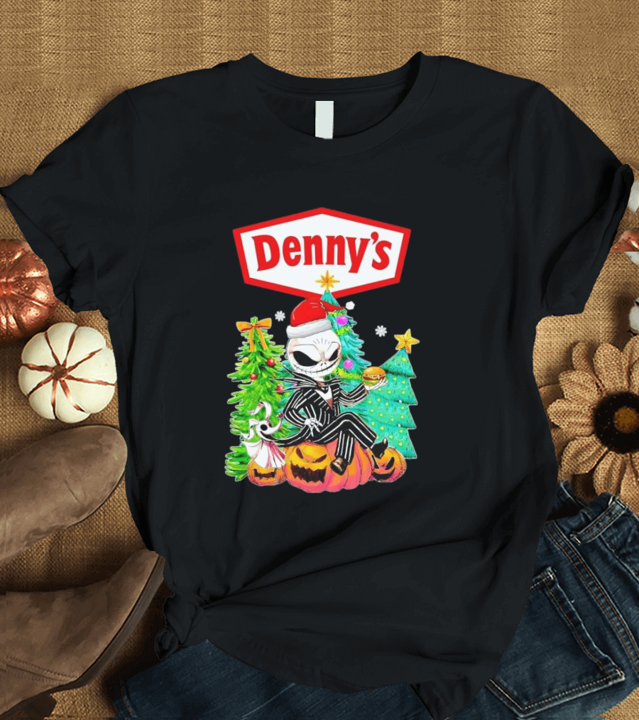 Denny’s Jack Skellington Santa Sitting On Pumpkins With Christmas Trees T-Shirt