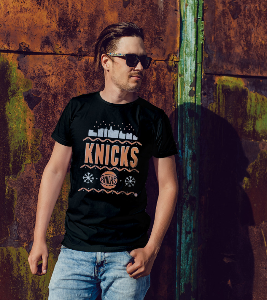 New York Knicks City Skyline Basketball Winter Snowflakes T-Shirt