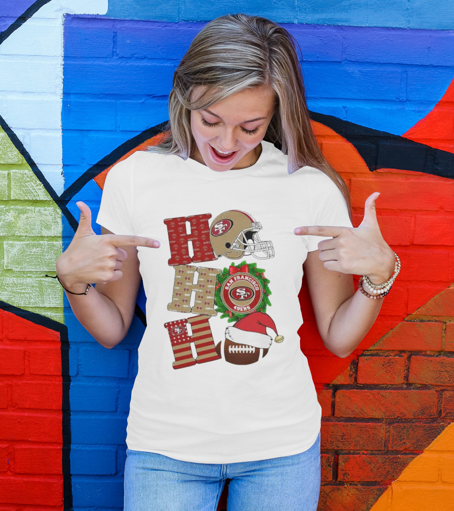 San Francisco 49ers Ho Ho Ho Merry Christmas Football Helmet Wreath Santa Hat T-Shirt
