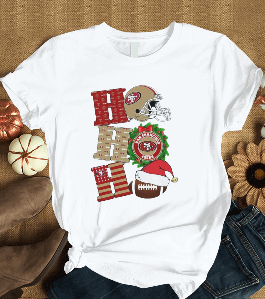 San Francisco 49ers Ho Ho Ho Merry Christmas Football Helmet Wreath Santa Hat T-Shirt