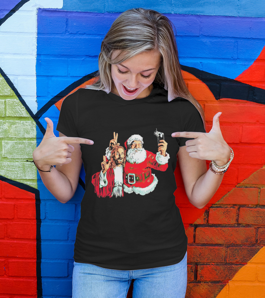 Santa And Jesus Taking Selfie Best Friends Christmas T-Shirt