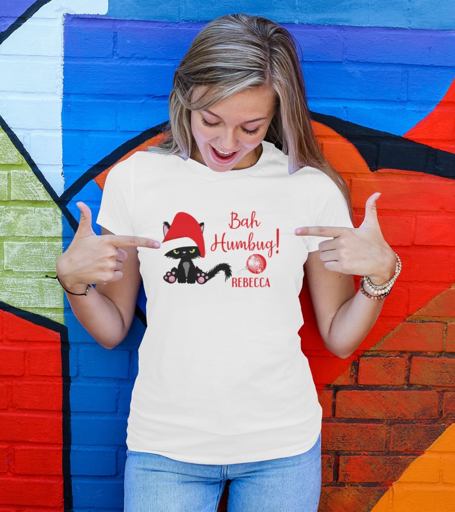 Santa Black Cat Bah Humbug Xmas Custom Name Rebecca T-Shirt