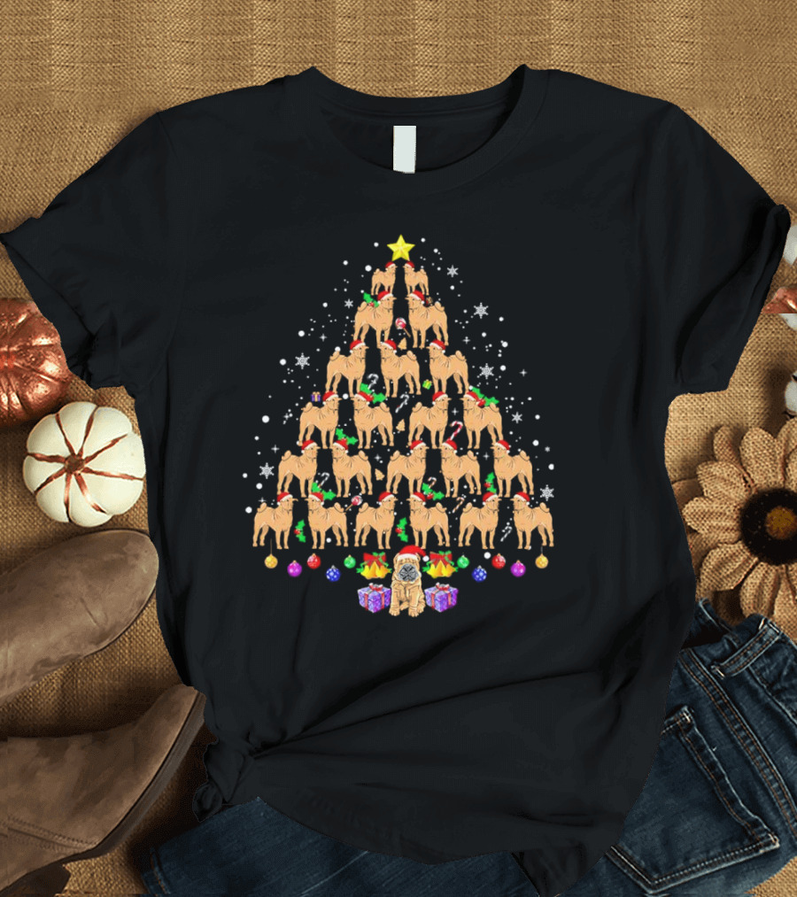 Shar Pei Holiday Tree With Festive Lights And Santa Hats T-Shirt