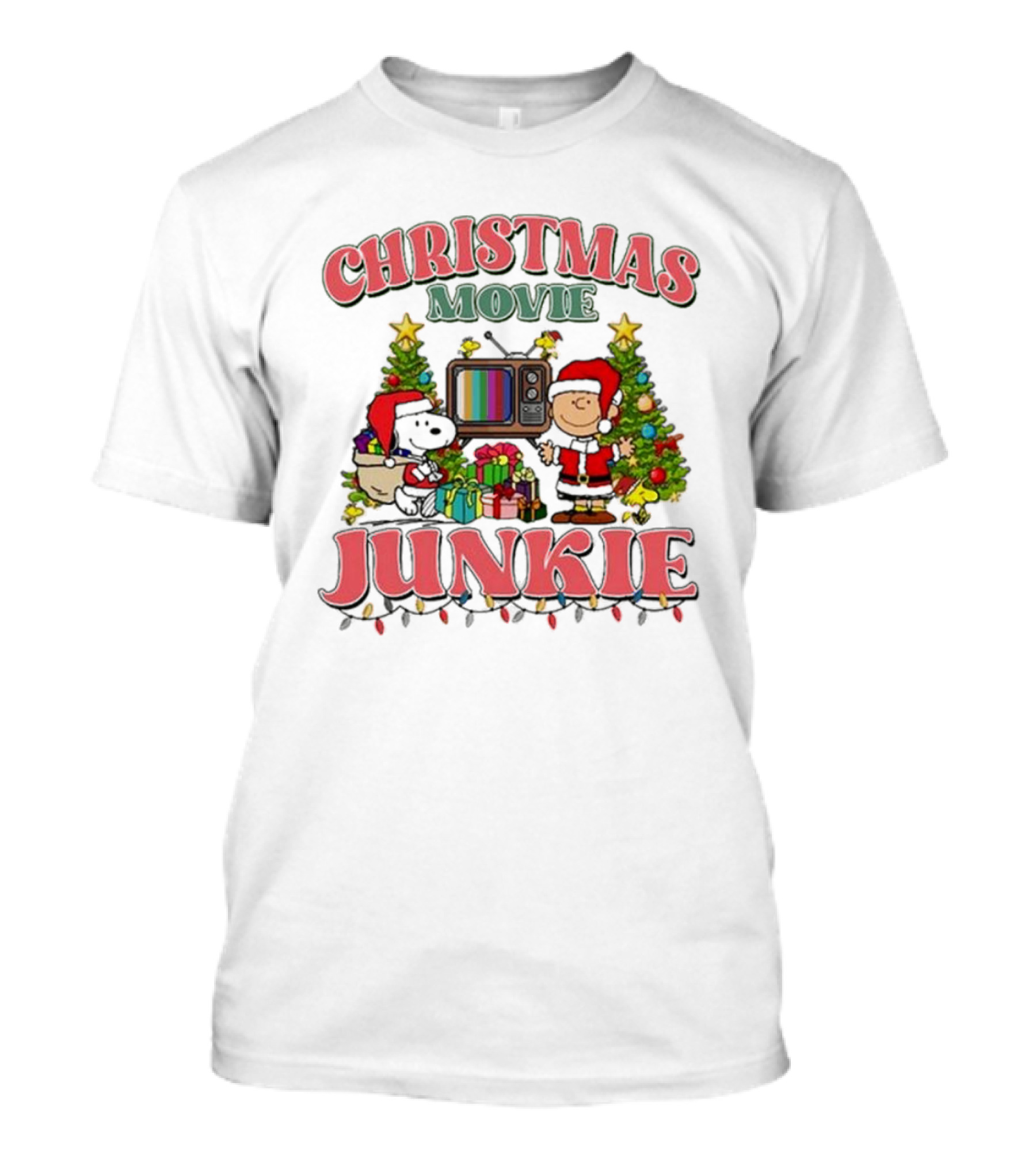 Snoopy And Charlie Brown Christmas Movie Junkie With TV And Gifts T-Shirt