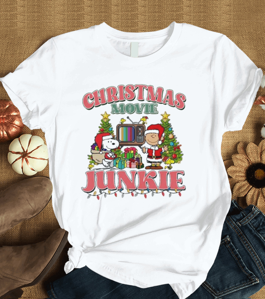 Snoopy And Charlie Brown Christmas Movie Junkie With TV And Gifts T-Shirt