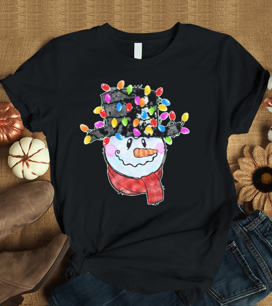 Snowman Wrapped In Colorful Christmas Lights With Black Top Hat And Red Scarf T-Shirt