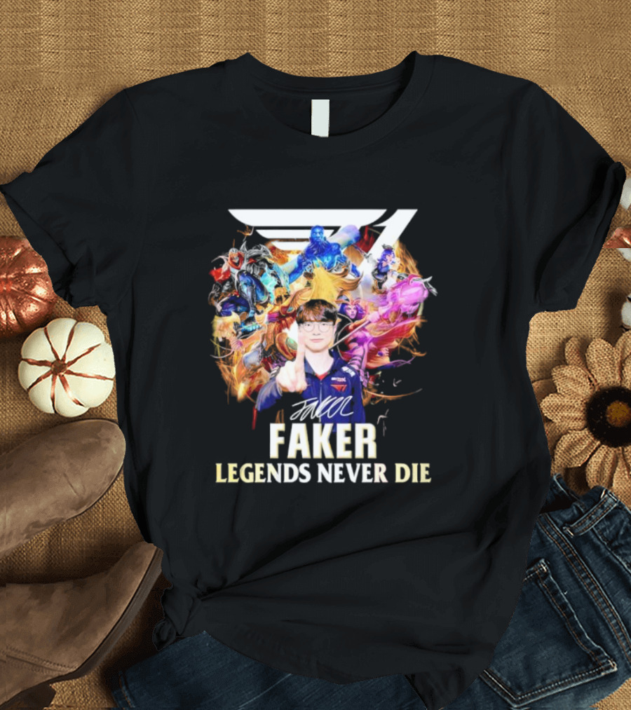 T1 Faker Legends Never Die Signature With Dynamic Character T-Shirt