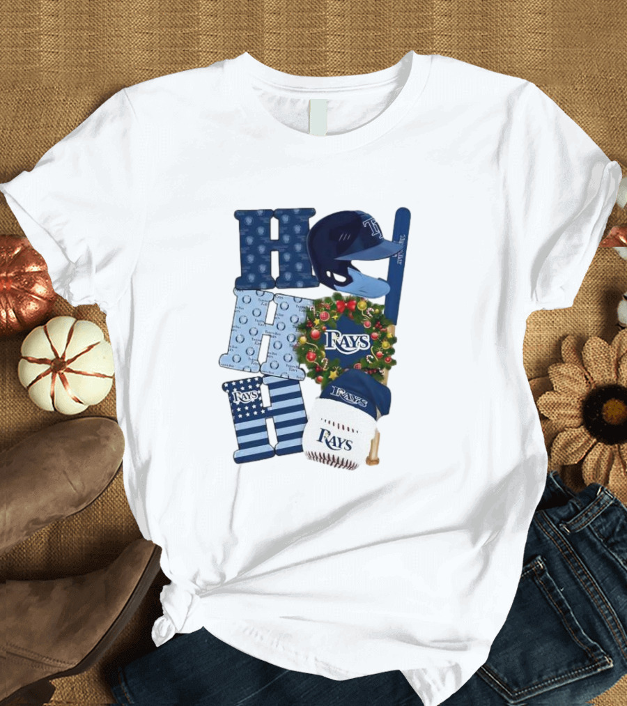 Tampa Bay Rays Ho Ho Ho Merry Christmas Baseball Helmet Wreath T-Shirt