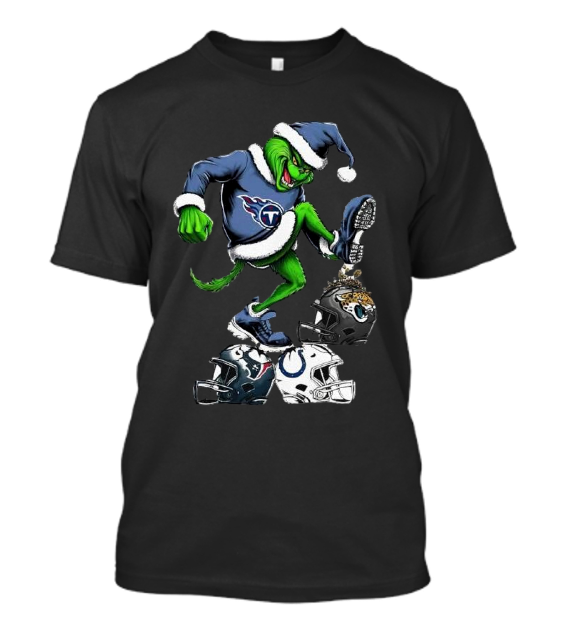 Tennessee Titans Grinch Stomping Jaguars Texans Colts Helmets Christmas T-Shirt