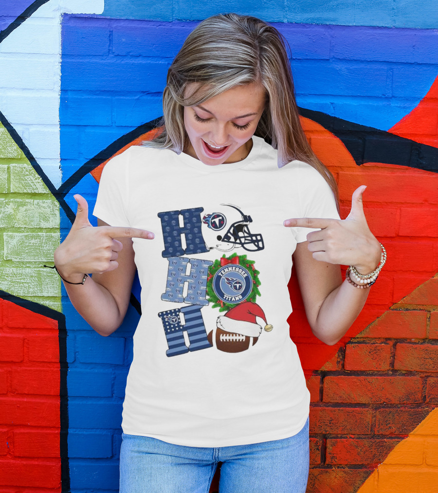 Tennessee Titans Ho Ho Ho Merry Christmas Football Helmet Santa Hat Wreath T-Shirt