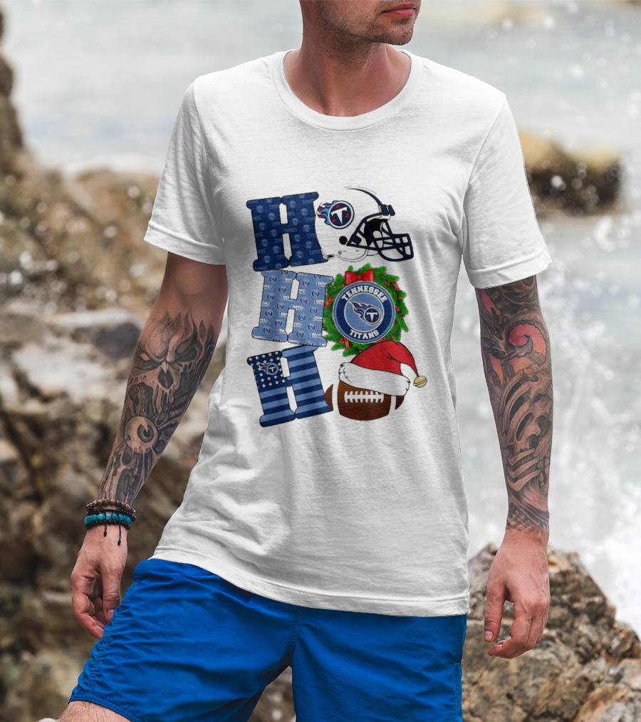 Tennessee Titans Ho Ho Ho Merry Christmas Football Helmet Santa Hat Wreath T-Shirt