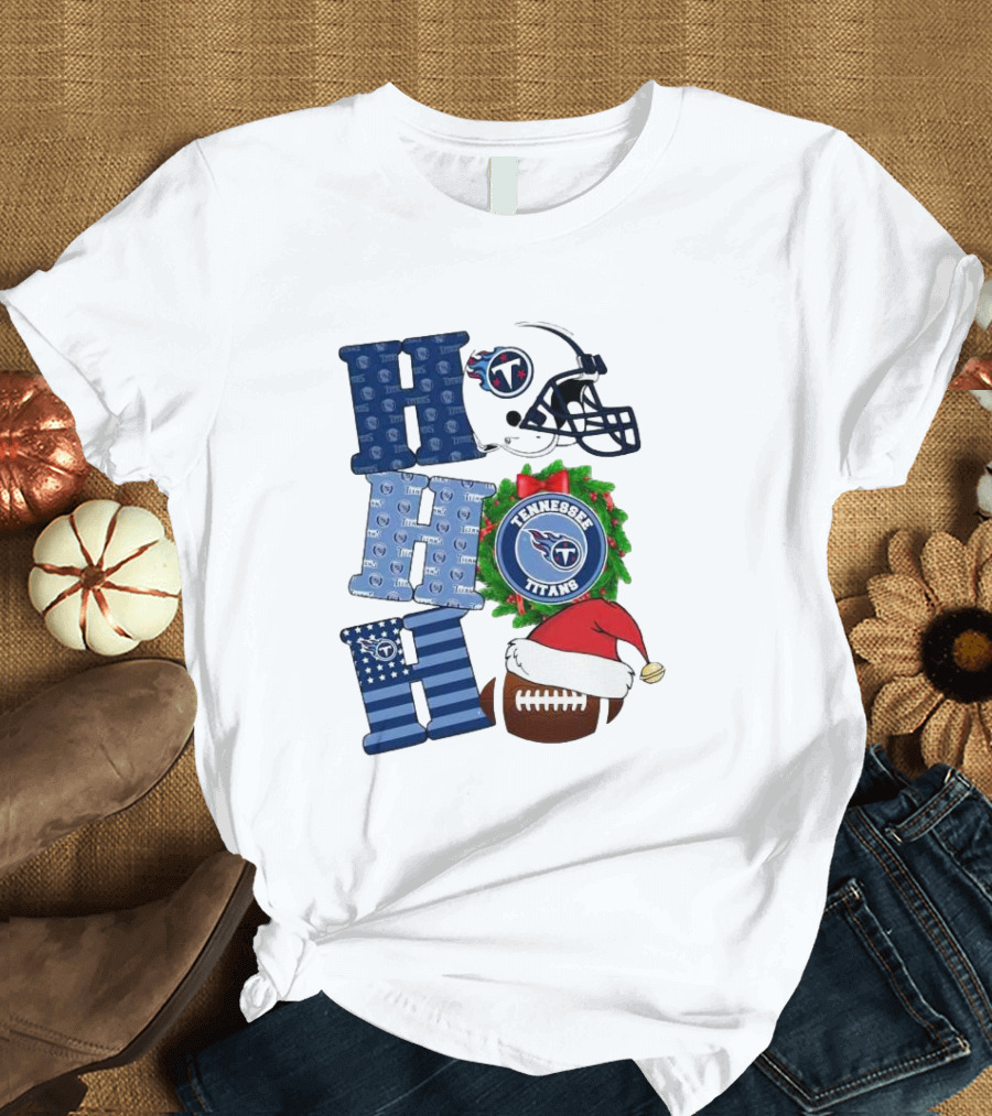 Tennessee Titans Ho Ho Ho Merry Christmas Football Helmet Santa Hat Wreath T-Shirt