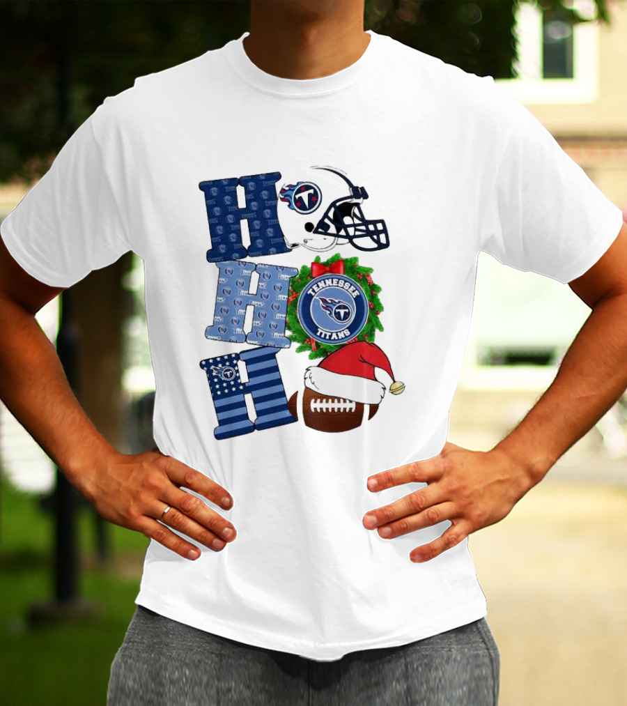Tennessee Titans Ho Ho Ho Merry Christmas Football Helmet Santa Hat Wreath T-Shirt