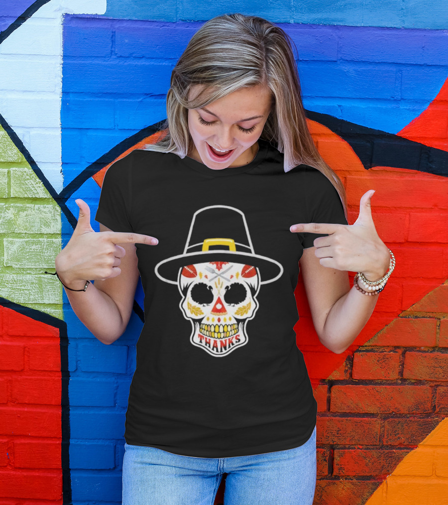 Thanksgiving Sugar Skull Thanks Pilgrim Hat Football Leaves T-Shirt