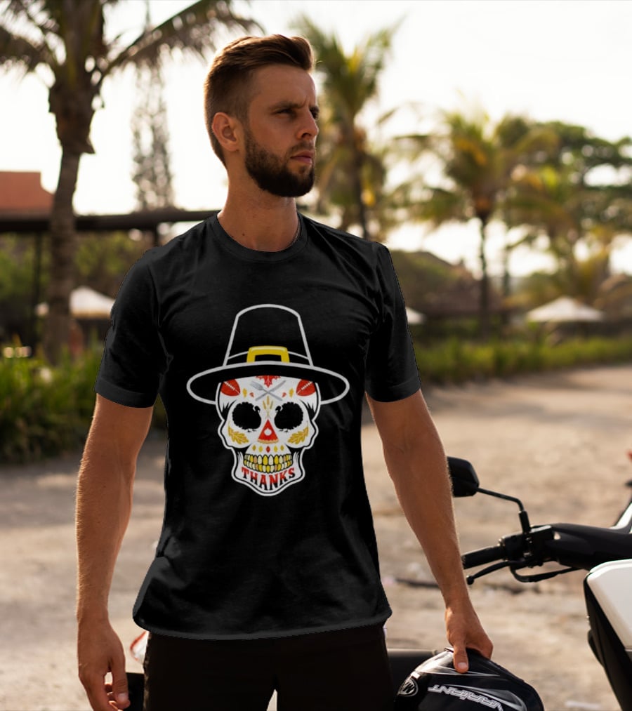 Thanksgiving Sugar Skull Thanks Pilgrim Hat Football Leaves T-Shirt