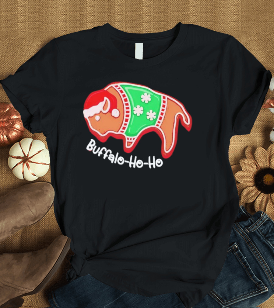 Buffalo-Ho-Ho Christmas Gingerbread Bison Santa T-Shirt