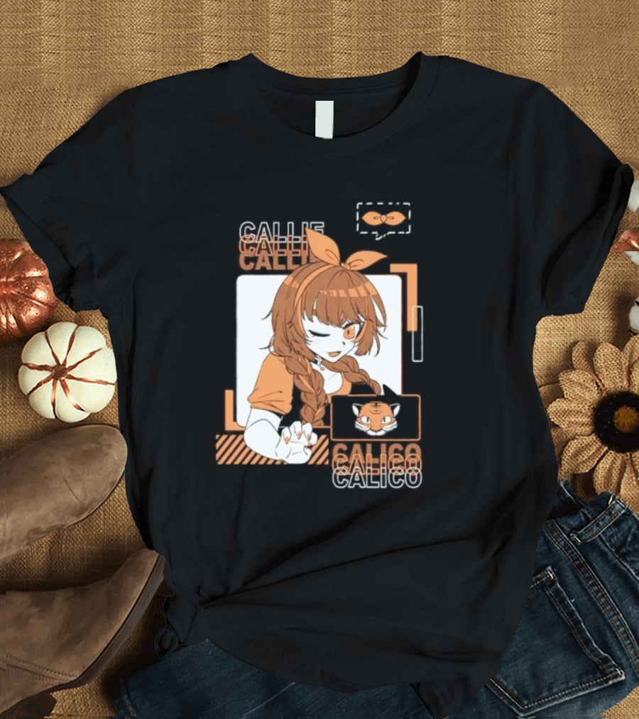 Callie Calico Winking Girl With Cat Headband And Symbols T-Shirt