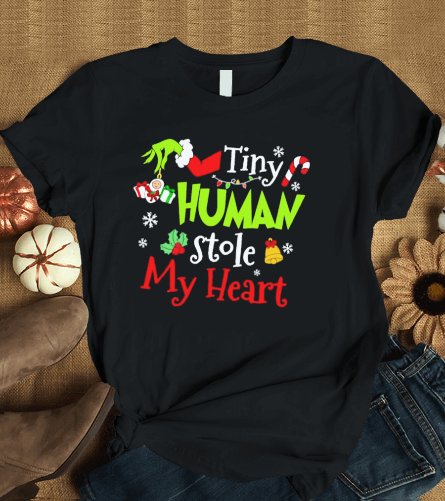 Tiny Human Stole My Heart Grinchmas Xmas With Candy Cane And Gifts T-Shirt