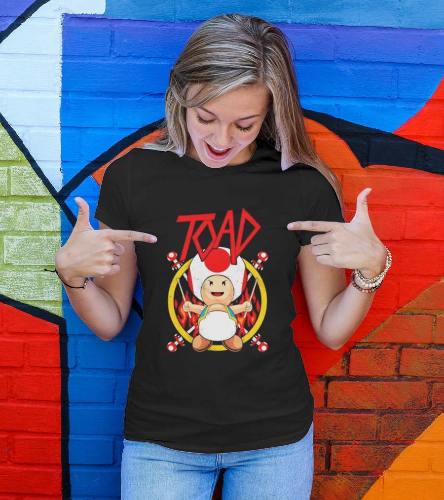 TOAD Heavy Metal Mushroom Drummer With Drumsticks And Flames Background T-Shirt