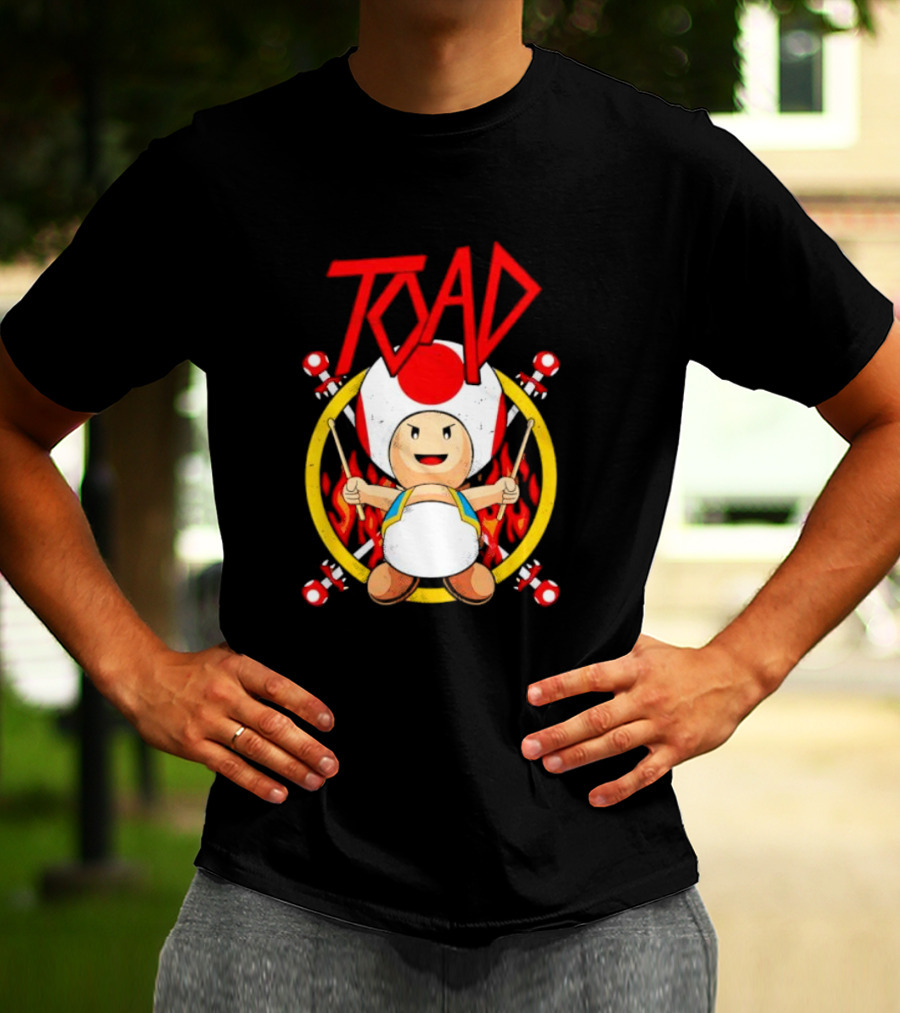 TOAD Heavy Metal Mushroom Drummer With Drumsticks And Flames Background T-Shirt