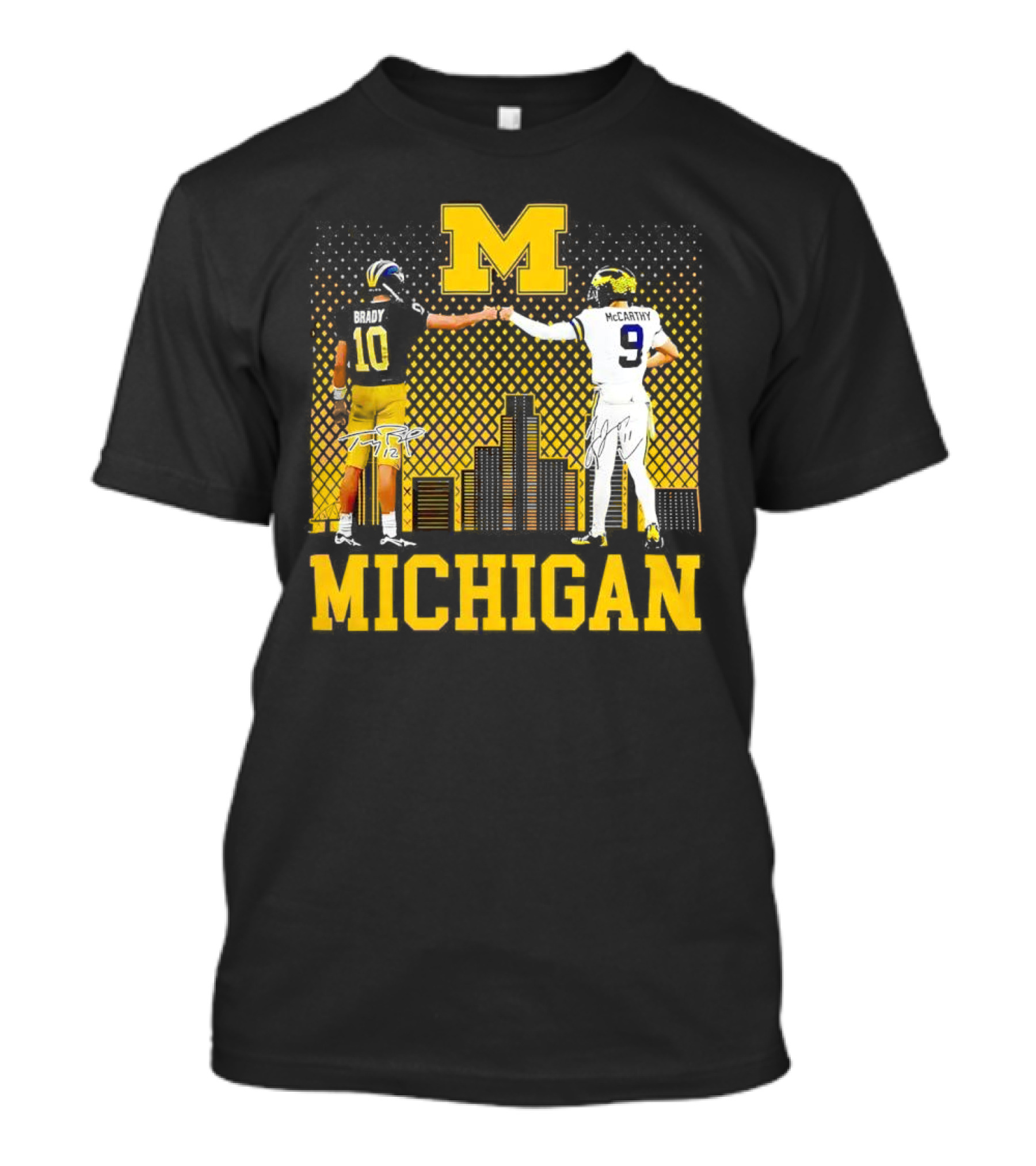 Michigan Wolverines Tom Brady Jj McCarthy Iconic Players Fist Bump Skyline T-Shirt
