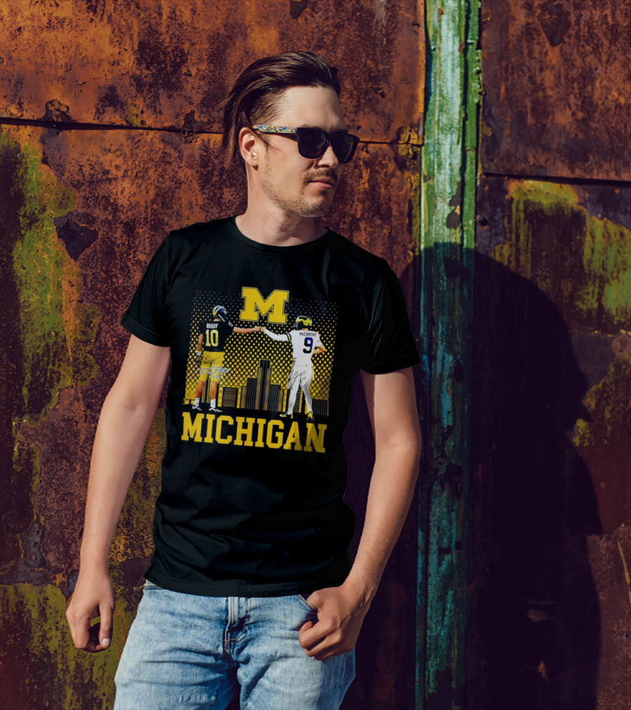 Michigan Wolverines Tom Brady Jj McCarthy Iconic Players Fist Bump Skyline T-Shirt